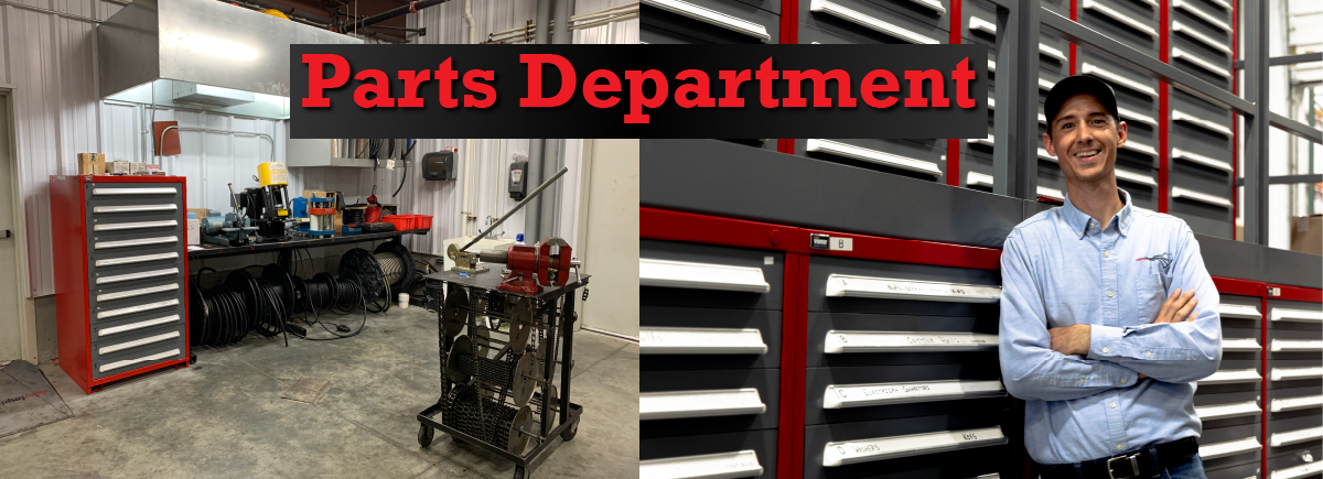 Hydraulic hose station and parts drawers with serviceman